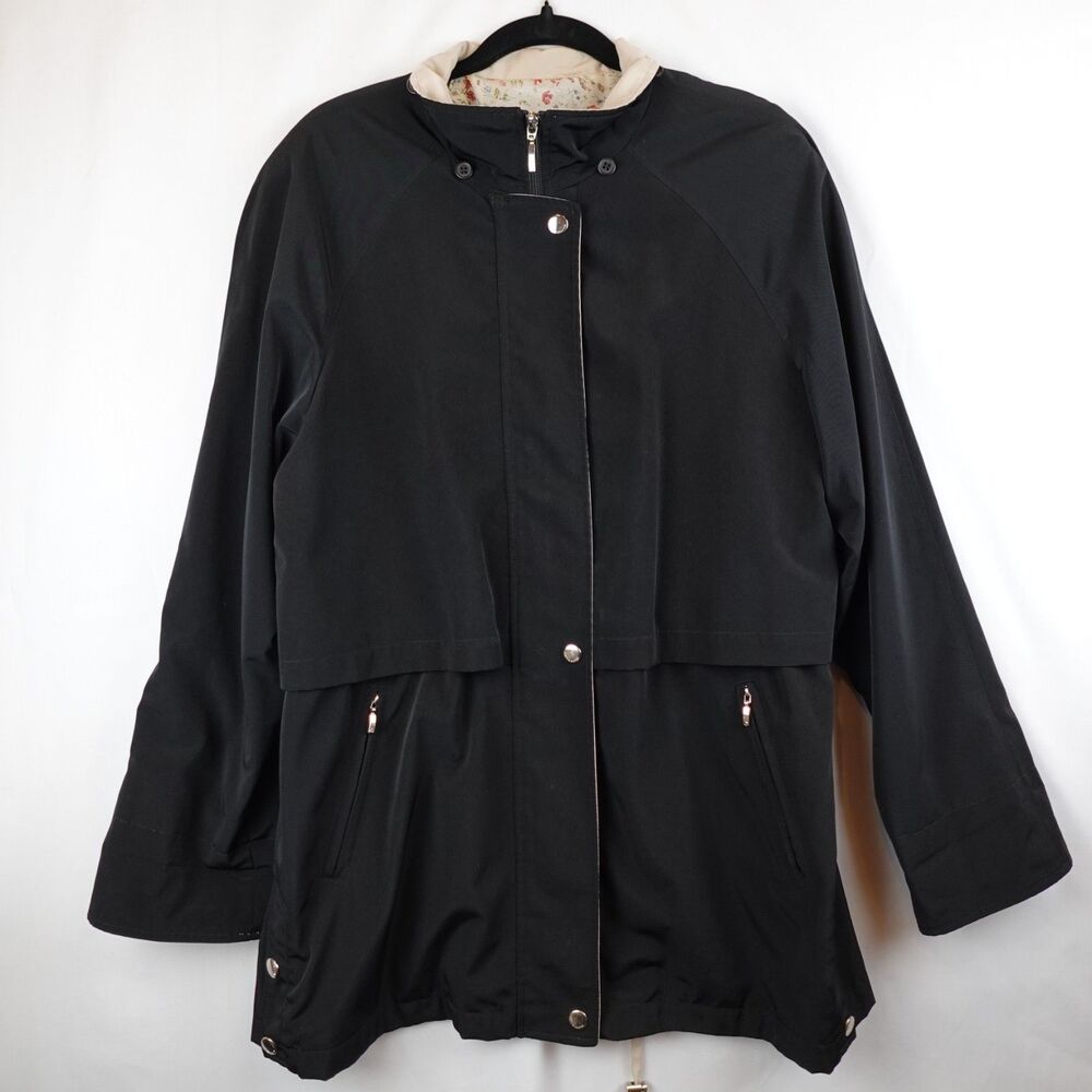 Liz Claiborne Raincoat Utility Jacket Women's Size Large Black Zip & Snap Fall